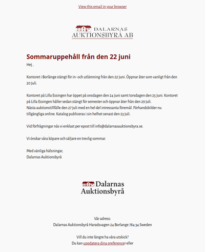 Auktionsuppehåll för sommaren 2026