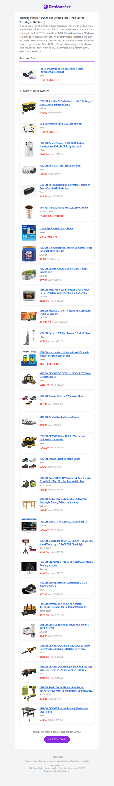 Dyson vacuum 68% off, free Dunkin' tomorrow, and a dining table for $65?!