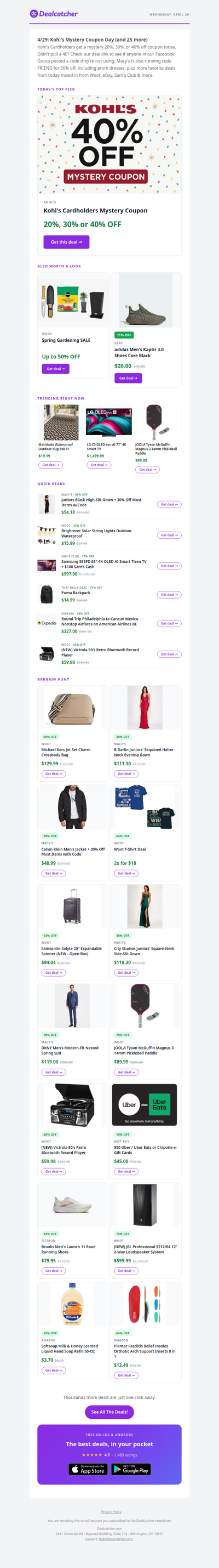 Kohl's mystery coupon plus 25 more deals at Dealcatcher