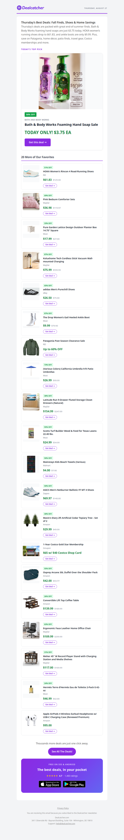 Dealcatcher | Bath & Body Works $3.75 + HOKA Shoes $61.83
