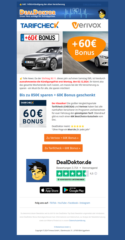 ⭐ Nur bis Montag! 60€ Bonus für Kfz-Versicherungswechsel 🚗