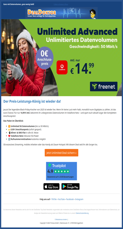 🚀 Er ist zurück: Unlimited Vodafone für 14,99€!