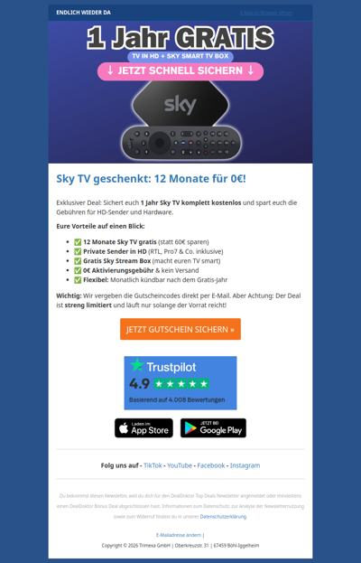 🎁 Sky TV 1 Jahr GRATIS: