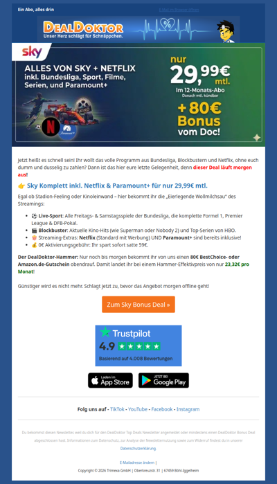 🔥 Letzte Chance: Sky Komplett + 80€ Bonus endet MORGEN!