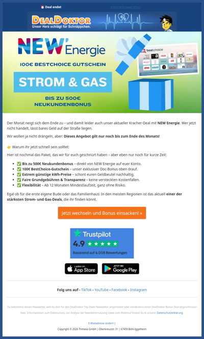 ⏳ Endspurt: Nur noch bis Monatsende 600€ Bonus für Strom und Gas sichern!