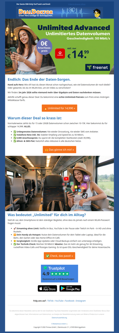 🚫 Schluss mit Daten-Limit: Echte Handy-Flat nur 14,99€ 😳