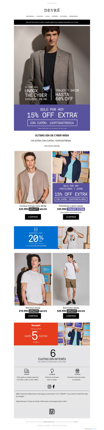 🚨 ¡HOY TERMINA EL CYBER WEEK! Hasta 70% OFF + 15% EXTRA en Sastrería