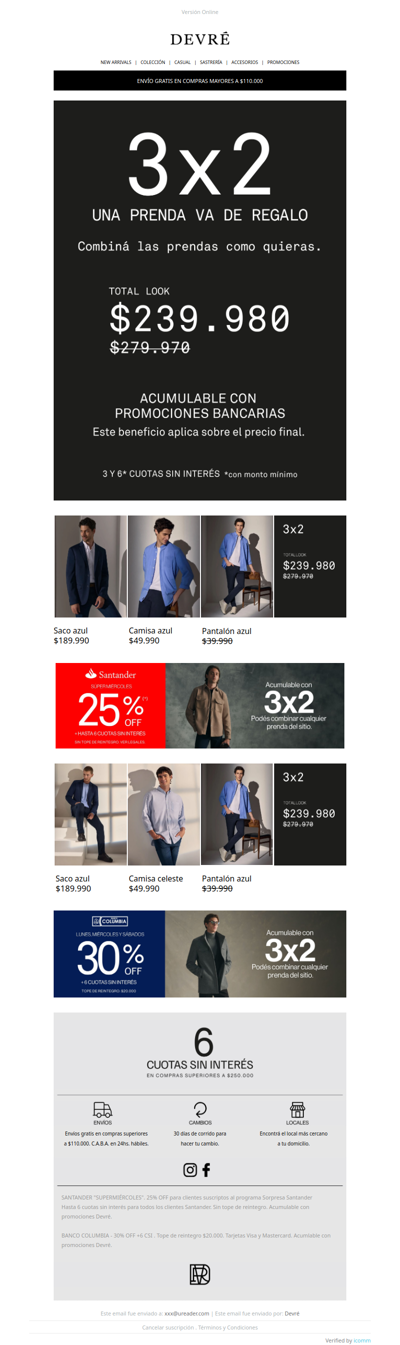 👔 Total Look Devré: Saco+Camisa+Pantalón $239.980 y 6 cuotas sin interés