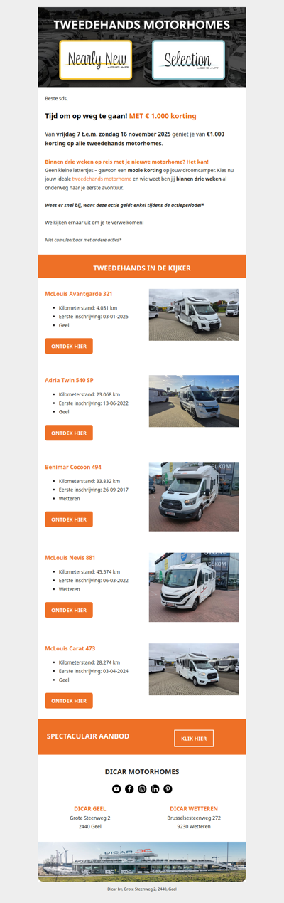 €1.000 korting op alle tweedehands motorhomes
