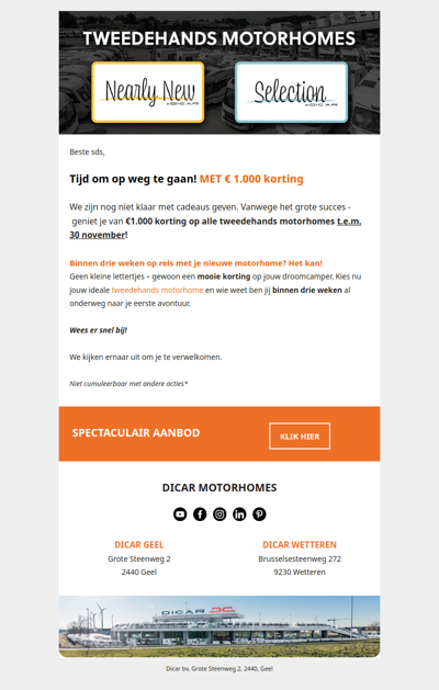 Laatste kans! €1.000 korting op alle tweedehands motorhomes