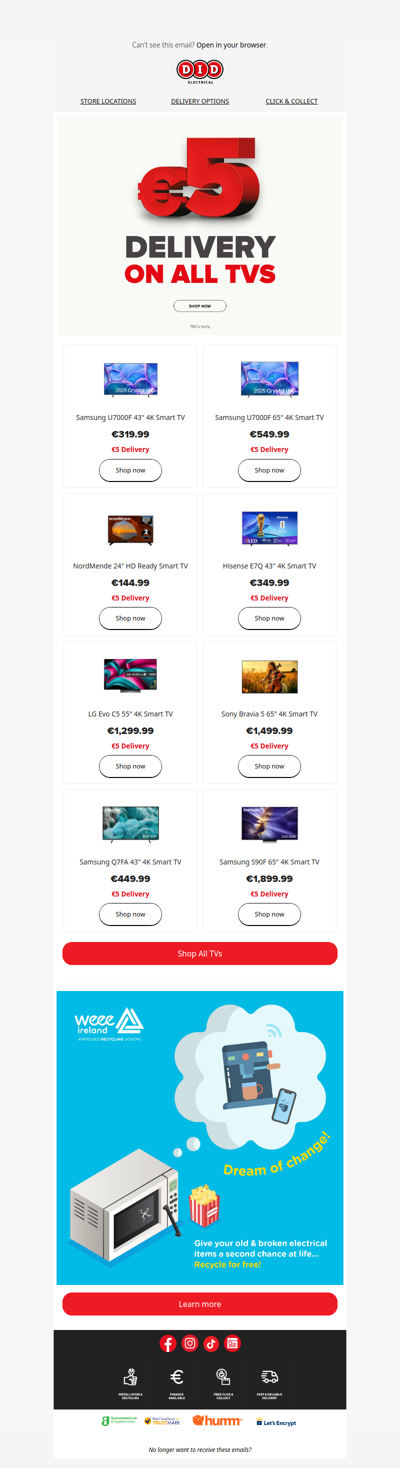 €5 delivery on All TVs 🚚