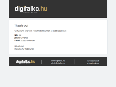 Sikeres regisztráció a Digitalko.hu Webáruház oldalon!