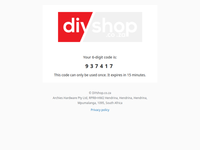 DiYshop.co.za: 6-digit code