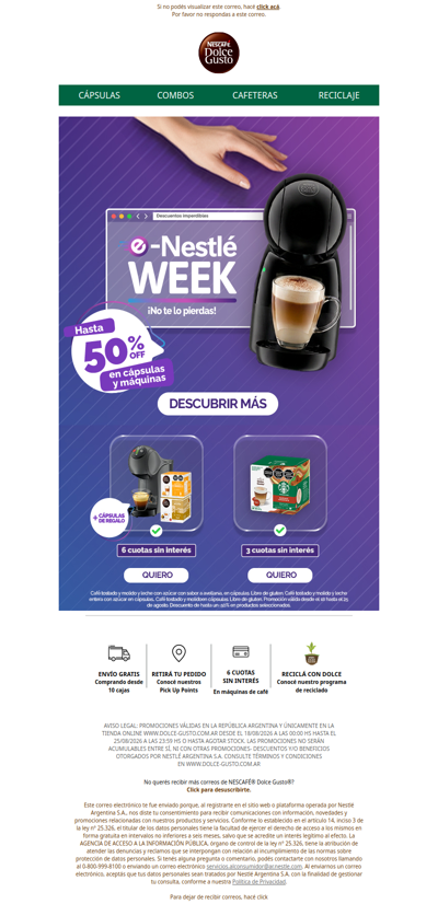No te pierdas e-Nestlé Week ☕ Hasta 50% OFF en cápsulas y máquinas 🔥