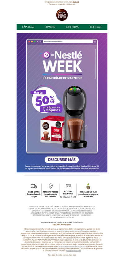 Último día de e-Nestlé Week ☕ Hasta 50% OFF en cápsulas y máquinas 🔥