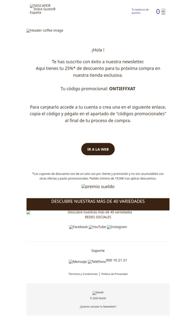 Te has suscrito con éxito a la newsletter de NESCAFÉ® Dolce Gusto®