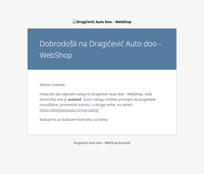 Vaš nalog na Dragićević Auto doo - WebShop je kreiran!