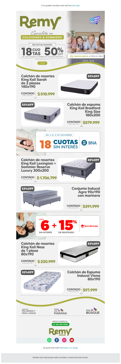🔥 ¡Envío GRATIS en Colchones & Sommiers! El #CyberMonday está en Remy 🛏️