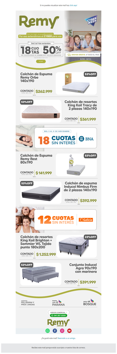 🔥 Extendimos el #Cyber ¡con envío GRATIS en Colchones & Sommiers de Remy!