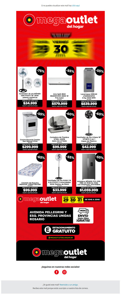 🔥 ¡Aires, heladeras, ventilación y mucho más con 70% OFF y 12 cuotas! Vení al Mega Outlet del Hogar