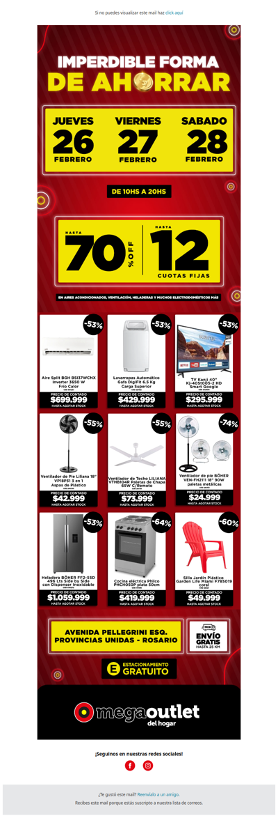 🔥 ¡Último día: aires, heladeras, ventilación y mucho más en hasta 12 cuotas! Vení al Mega Outlet del Hogar