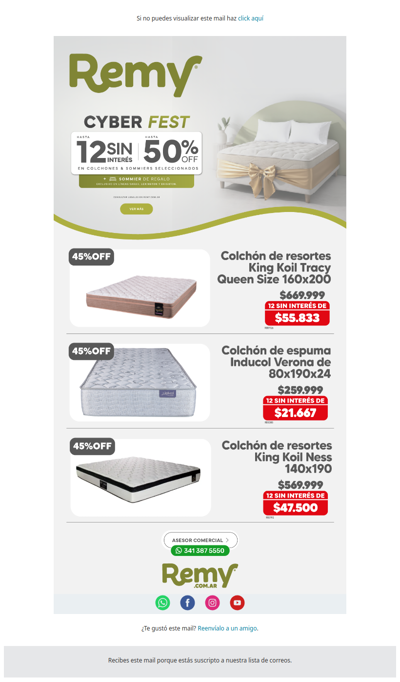 🛏️ ¡Cyber Fest con hasta 50% OFF en Colchones & Sommiers seleccionados de Remy!