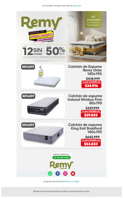 🛏️ ¡Semana del Descanso en Remy! Hasta 50% OFF y hasta 12 cuotas SIN INTERÉS