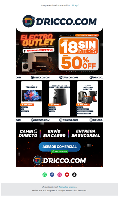 💣 ¡Últimos días de Electro Outlet! Hasta 50% OFF y 18 cuotas sin interés en D'Ricco.com