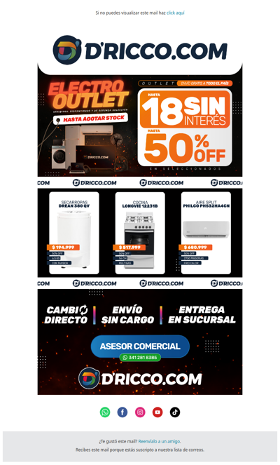 💣 ¡Electro Outlet! Hasta 50% OFF y 18 cuotas sin interés en D'Ricco.com