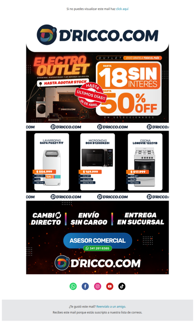 ⌛ ¡Últimos días! Electro Outlet con hasta 18 cuotas sin interés y 50% OFF en D'Ricco.com