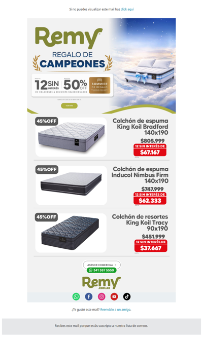 🛏️ ¡50% OFF, 12 sin interés y sommier de regalo en seleccionados! Tu descanso está en Remy