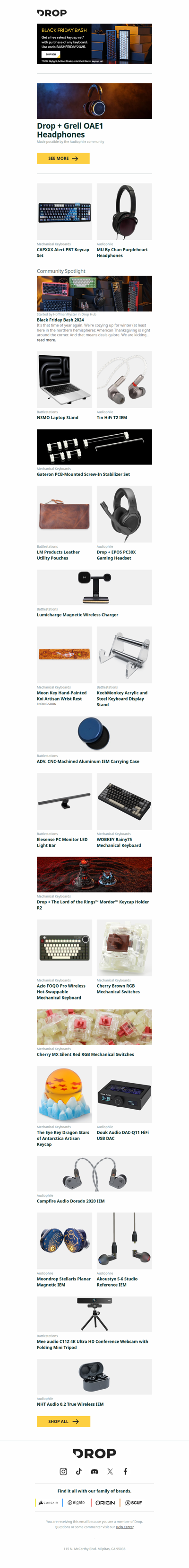 Drop + Grell OAE1 Headphones, CAPXXX Alert PBT Keycap Set, MU By Chan Purpleheart Headphones and more...