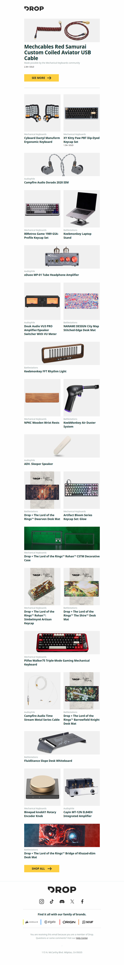 Mechcables Red Samurai Custom Coiled Aviator USB Cable, Cyboard Dactyl Manuform Ergonomic Keyboard, XY Kitty Paw PBT Dip-Dyed Keycap Set and more...