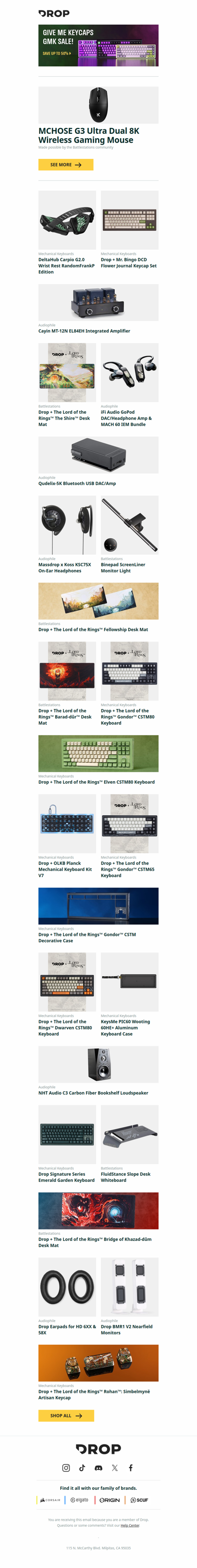 MCHOSE G3 Ultra Dual 8K Wireless Gaming Mouse, DeltaHub Carpio G2.0 Wrist Rest RandomFrankP Edition, Drop + Mr. Bingo DCD Flower Journal Keycap Set and more...