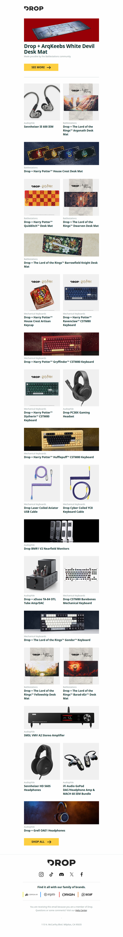 Drop + ArqKeebs White Devil Desk Mat, Sennheiser IE 600 IEM, Drop + The Lord of the Rings™ Argonath Desk Mat and more...