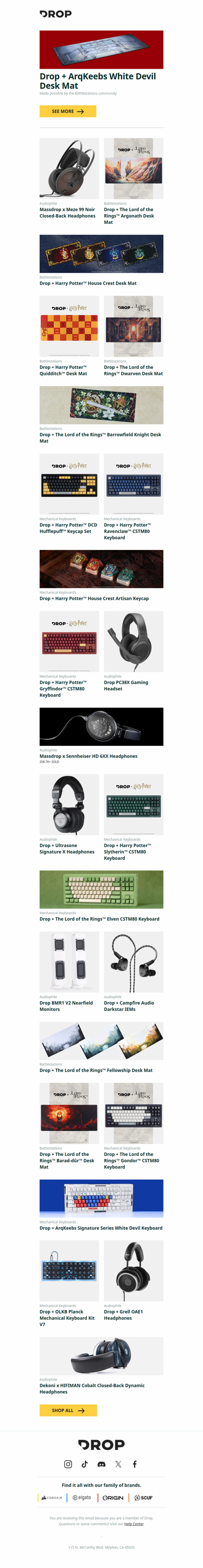 Drop + ArqKeebs White Devil Desk Mat, Massdrop x Meze 99 Noir Closed-Back Headphones, Drop + The Lord of the Rings™ Argonath Desk Mat and more...