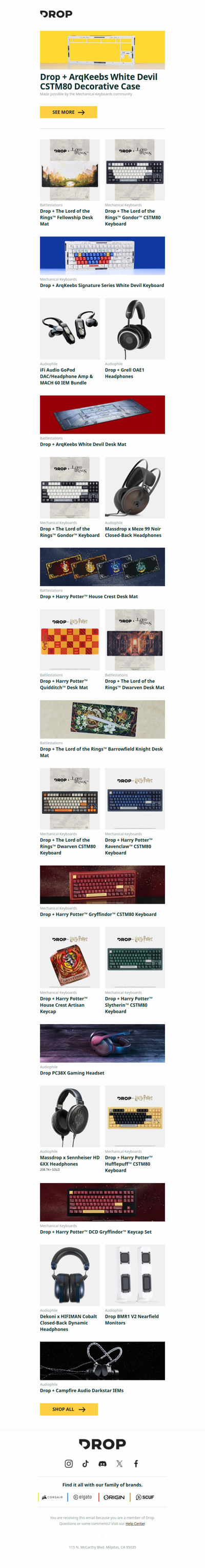 Drop + ArqKeebs White Devil CSTM80 Decorative Case, Drop + The Lord of the Rings™ Fellowship Desk Mat, Drop + The Lord of the Rings™ Gondor™ CSTM80 Keyboard and more...