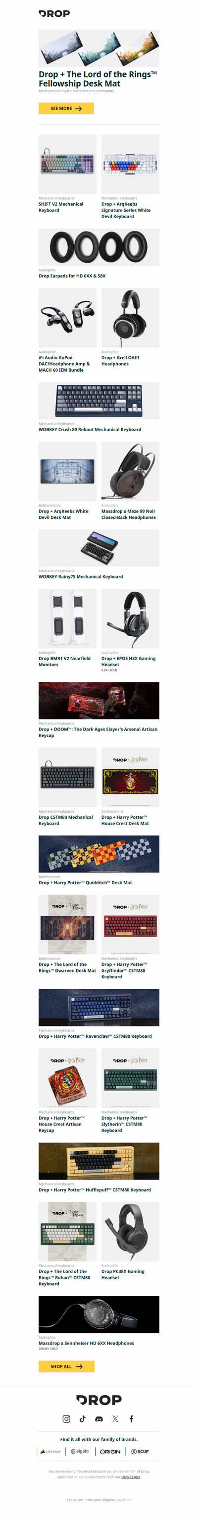 Drop + The Lord of the Rings™ Fellowship Desk Mat, SHIFT V2 Mechanical Keyboard, Drop + ArqKeebs Signature Series White Devil Keyboard and more...