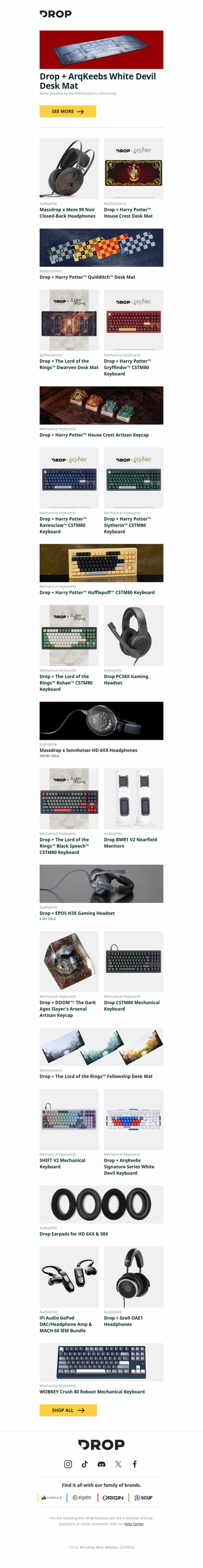 Drop + ArqKeebs White Devil Desk Mat, Massdrop x Meze 99 Noir Closed-Back Headphones, Drop + Harry Potter™ House Crest Desk Mat and more...