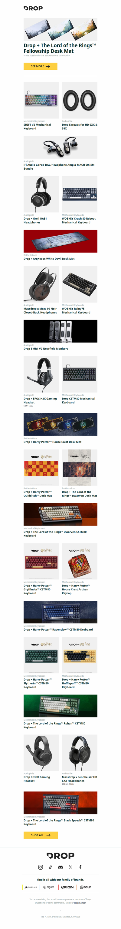 Drop + The Lord of the Rings™ Fellowship Desk Mat, SHIFT V2 Mechanical Keyboard, Drop Earpads for HD 6XX & 58X and more...