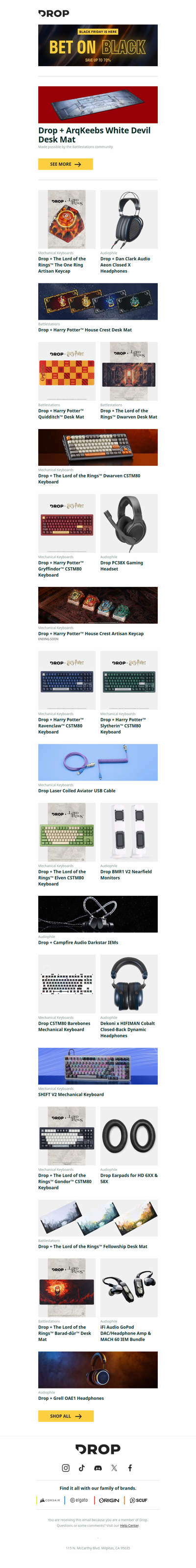 Drop + ArqKeebs White Devil Desk Mat, Drop + The Lord of the Rings™ The One Ring Artisan Keycap, Drop + Dan Clark Audio Aeon Closed X Headphones and more...