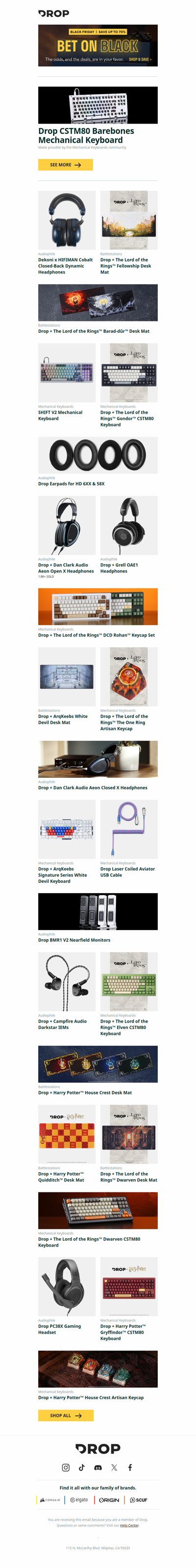 Drop CSTM80 Barebones Mechanical Keyboard, Dekoni x HIFIMAN Cobalt Closed-Back Dynamic Headphones, Drop + The Lord of the Rings™ Fellowship Desk Mat and more...