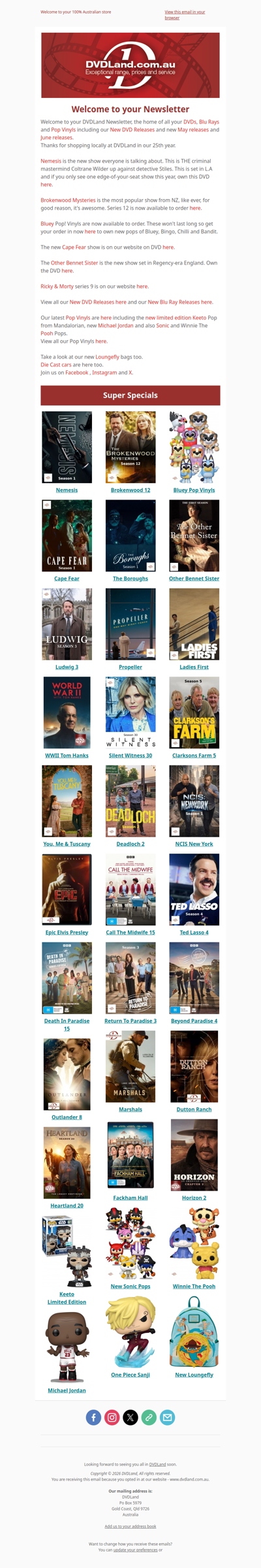 DVDLand Newsletter - Nemesis, Brokenwood 12, Bluey Pop Vinyls 🐶