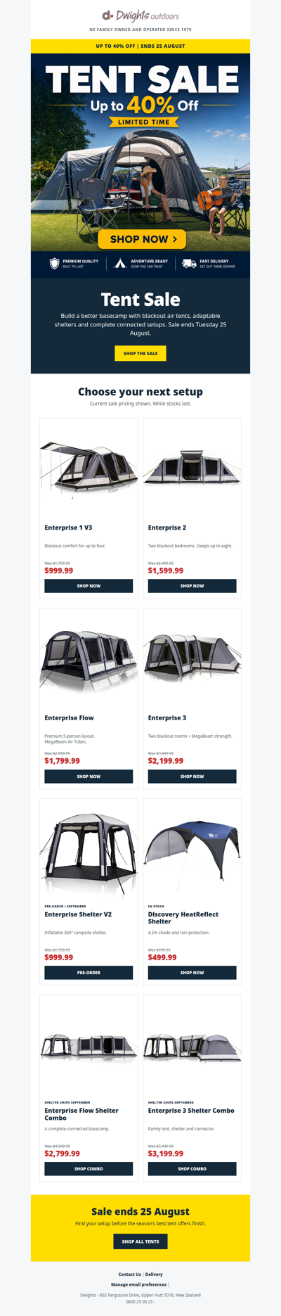 Tent Sale: Up to 40% off — ends 25 August