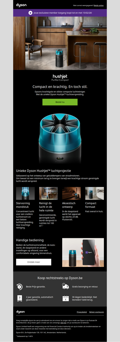 Stil & krachtig: de nieuwe Dyson HushJet™ Purifier Compact is er.