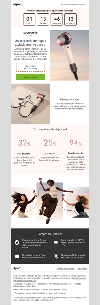 Último día: un accesorio de regalo con el nuevo secador de pelo Dyson Supersonic™ Travel