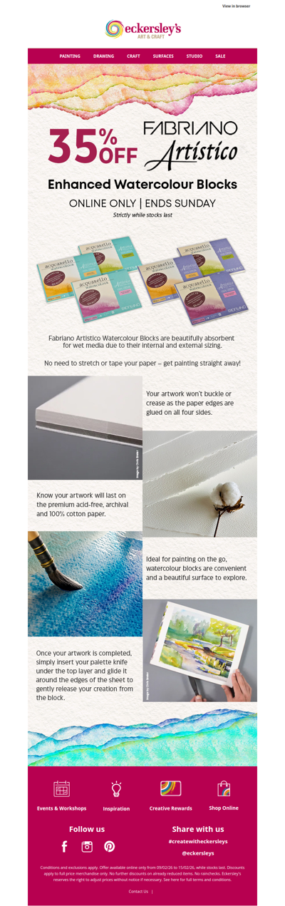 Online Only | 35% Off Fabriano Artistico Enhanced Watercolour Blocks!