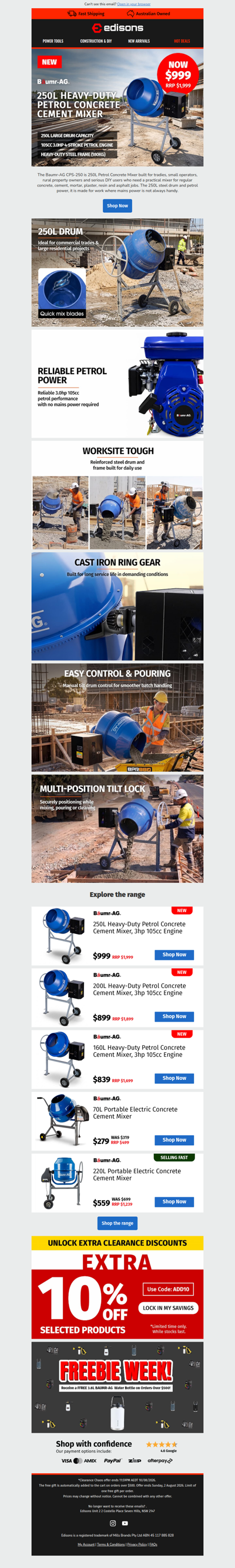 🔥NEW: 250L Baumr-AG Petrol Concrete Mixer