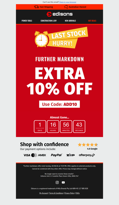 🚨 LAST STOCK: Extra 10% OFF!
