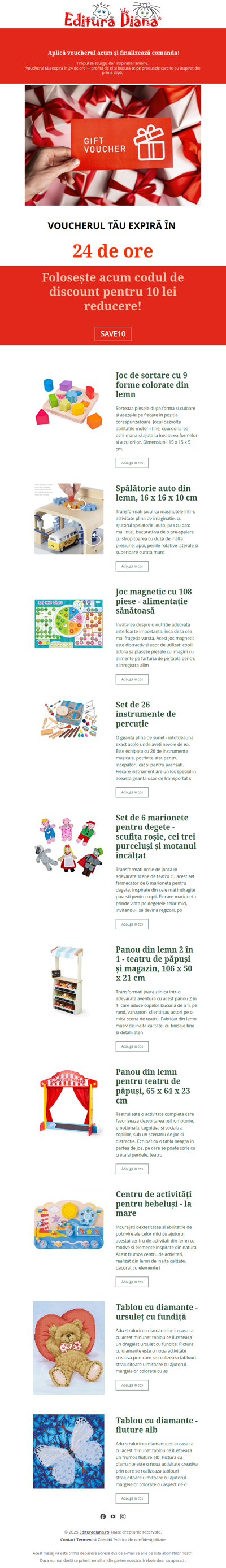 Timpul se scurge, bucură-te de produsele care te-au inspirat din prima clipă. Voucherul tău expiră în 24 de ore!